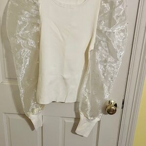 DO BE Cream Sweater with Sheer Sleeves